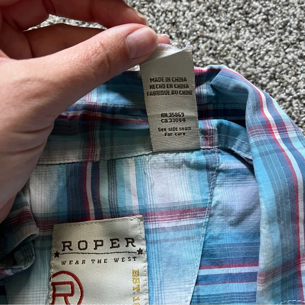 Roper Red White Blue Plaid Long‎ Sleeve Button Up Men's Size M **Flaw - Picture 5 of 9